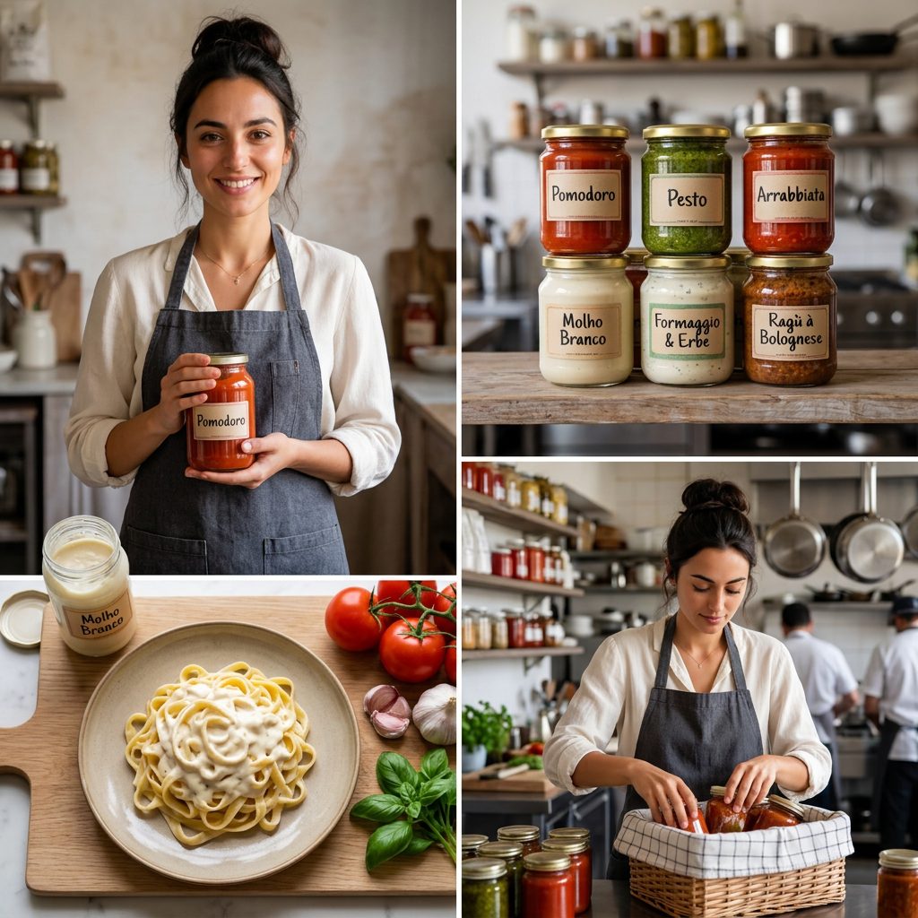 Colagem com a especialista Sofia segurando molho Pomodoro, prateleira de molhos artesanais, massa com molho branco e organização dos potes