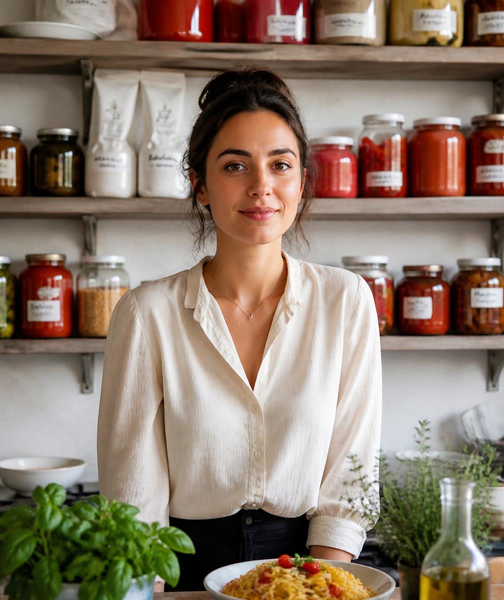 Retrato de Sofia Bianchi em sua cozinha artesanal